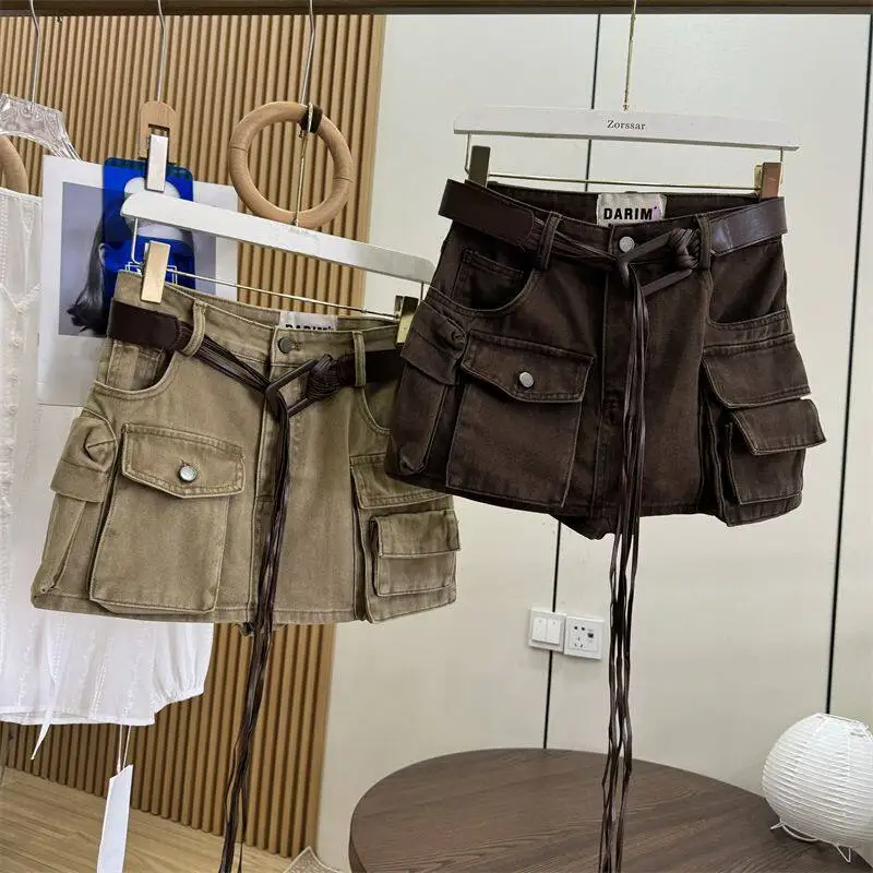 Women Brown Cargo Skirt 2000s Vintage Harajuku Gyaru High Waist Oversize Skirt Korean Style Y2k A-line Shorts Skirts Summe 2026