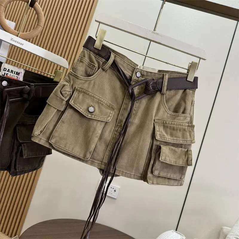 Women Brown Cargo Skirt 2000s Vintage Harajuku Gyaru High Waist Oversize Skirt Korean Style Y2k A-line Shorts Skirts Summe 2026