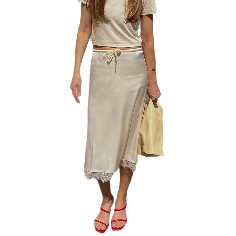 Y2K Lace Up Skirt Women Summer Lace Design Stylish Elegant Versatile European American Commuting