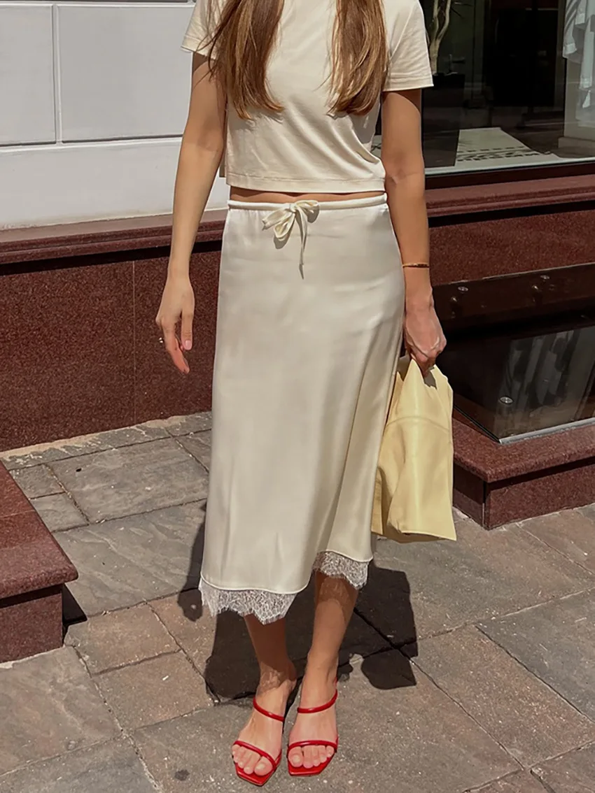 Y2K Lace Up Skirt Women Summer Lace Design Stylish Elegant Versatile European American Commuting