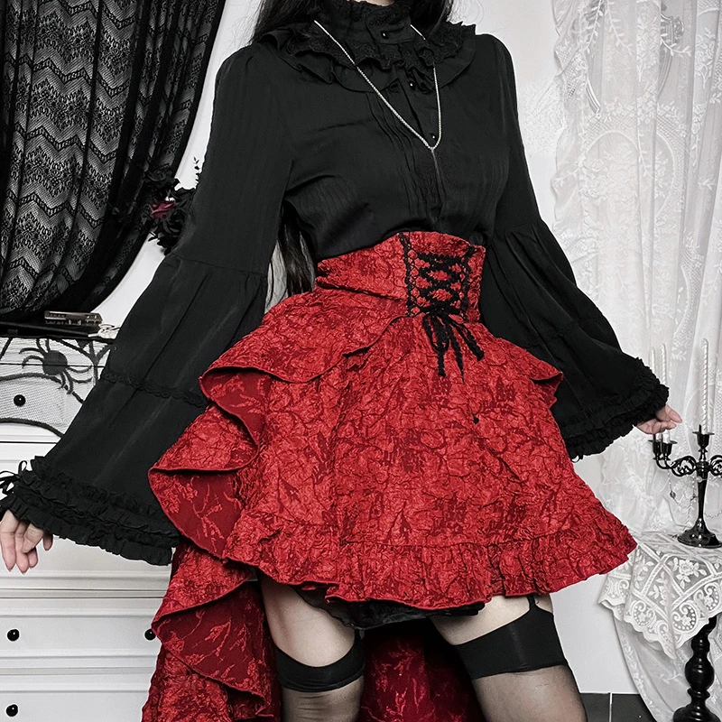 Y2k Aesthetic Streetwear Skirt High Waist Irregular Gothic Print Ball Gown Faldas Bandage Harajuku Ruffled Grunge Women Skirts