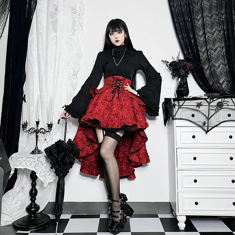 Y2k Aesthetic Streetwear Skirt High Waist Irregular Gothic Print Ball Gown Faldas Bandage Harajuku Ruffled Grunge Women Skirts