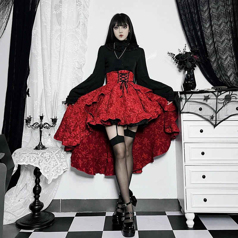 Y2k Aesthetic Streetwear Skirt High Waist Irregular Gothic Print Ball Gown Faldas Bandage Harajuku Ruffled Grunge Women Skirts