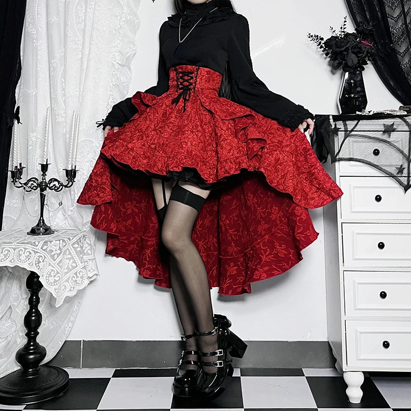Y2k Aesthetic Streetwear Skirt High Waist Irregular Gothic Print Ball Gown Faldas Bandage Harajuku Ruffled Grunge Women Skirts