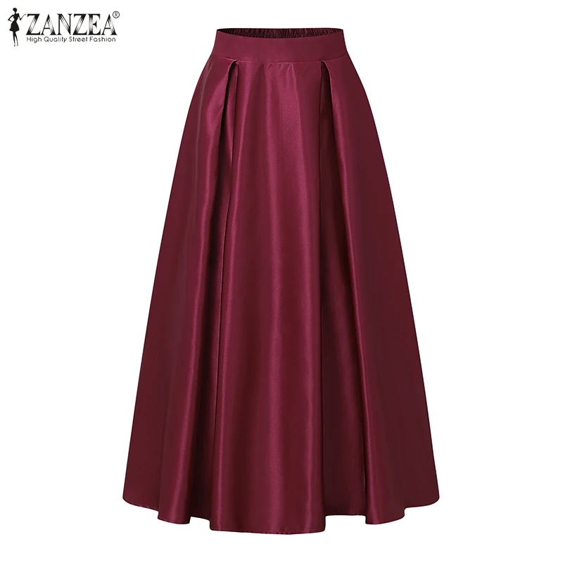 2025 ZANZEA Elegant High Waist Party Satin Skirts Summer Women Fashion A-line Work OL Skirt Jupe Vestidos Solid Midi Faldas Saia