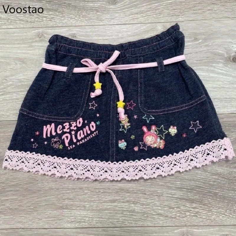Japanese Kawaii Lolita Style Denim Skirt Women Sweet Cute Cartoon Lace Patchwork Ruffles Party Mini Skirt Girls Y2k Faldas Mujer