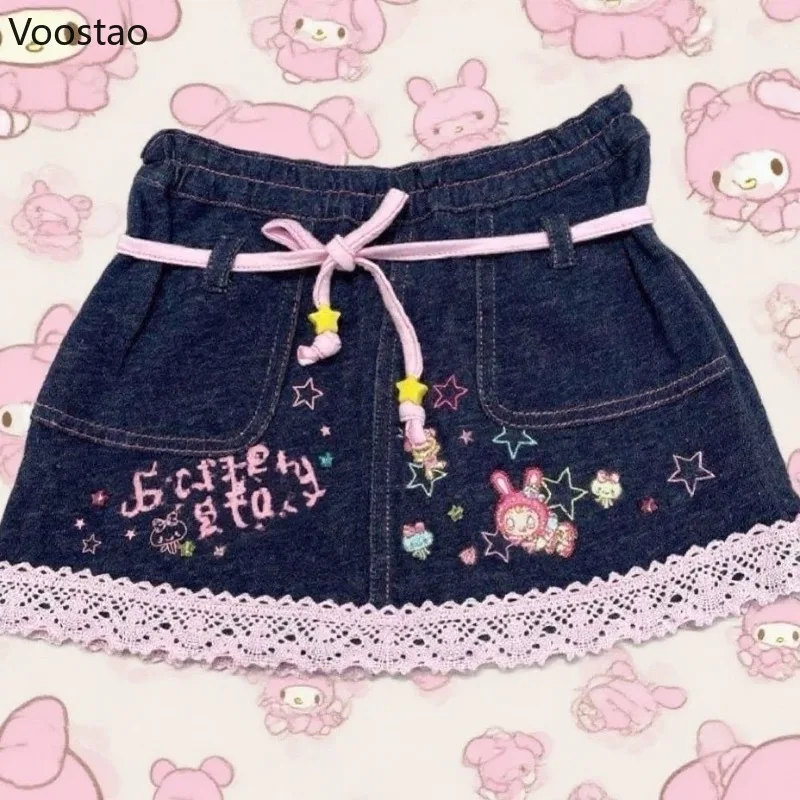 Japanese Kawaii Lolita Style Denim Skirt Women Sweet Cute Cartoon Lace Patchwork Ruffles Party Mini Skirt Girls Y2k Faldas Mujer