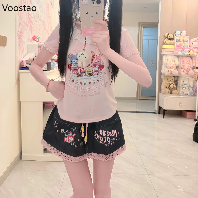 Japanese Kawaii Lolita Style Denim Skirt Women Sweet Cute Cartoon Lace Patchwork Ruffles Party Mini Skirt Girls Y2k Faldas Mujer