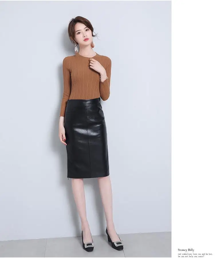 Women 2024 Autumn Winter Sheepskin Skirt Genuine Leather Midi Skirt Female High Waist Split Package Hip Skirt 4XL H167