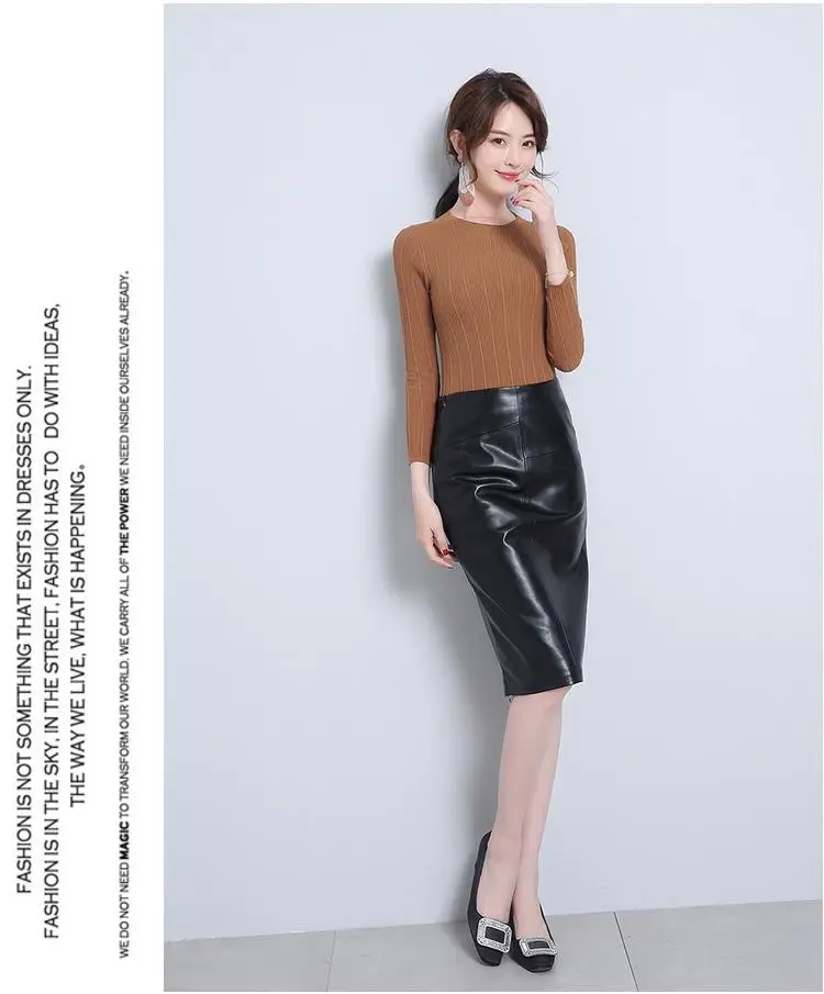 Women 2024 Autumn Winter Sheepskin Skirt Genuine Leather Midi Skirt Female High Waist Split Package Hip Skirt 4XL H167