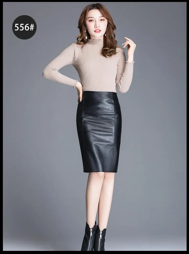 Women 2024 Autumn Winter Sheepskin Skirt Genuine Leather Midi Skirt Female High Waist Split Package Hip Skirt 4XL H167