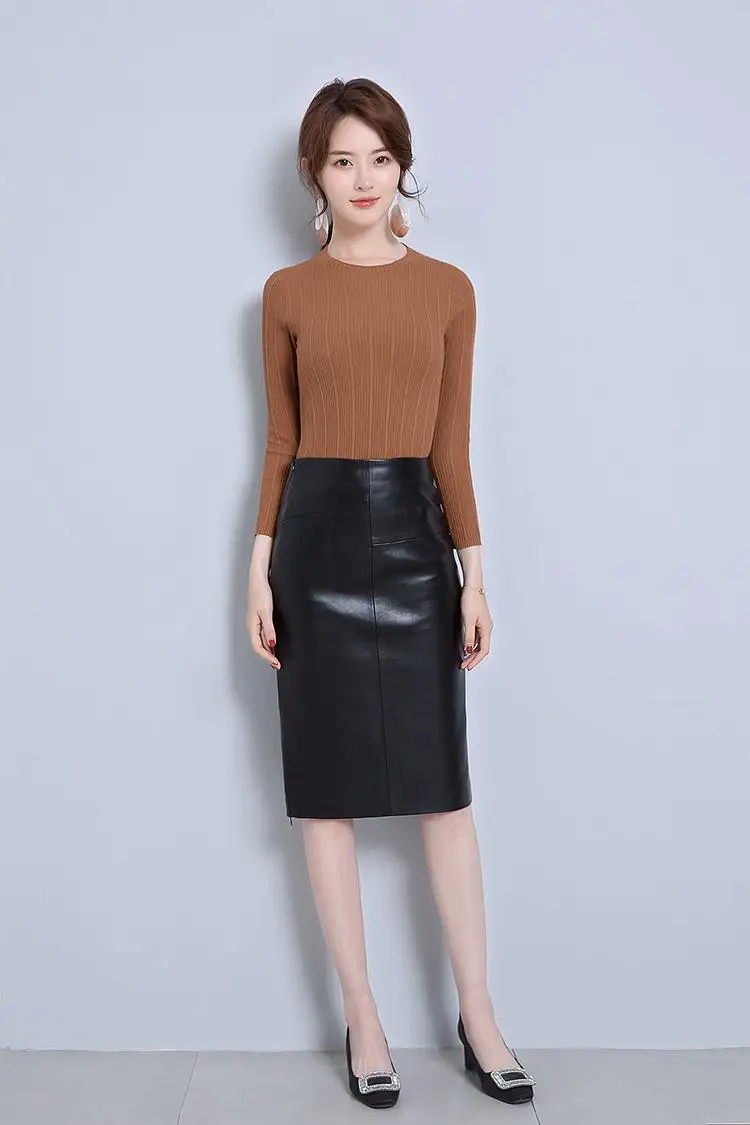 Women 2024 Autumn Winter Sheepskin Skirt Genuine Leather Midi Skirt Female High Waist Split Package Hip Skirt 4XL H167