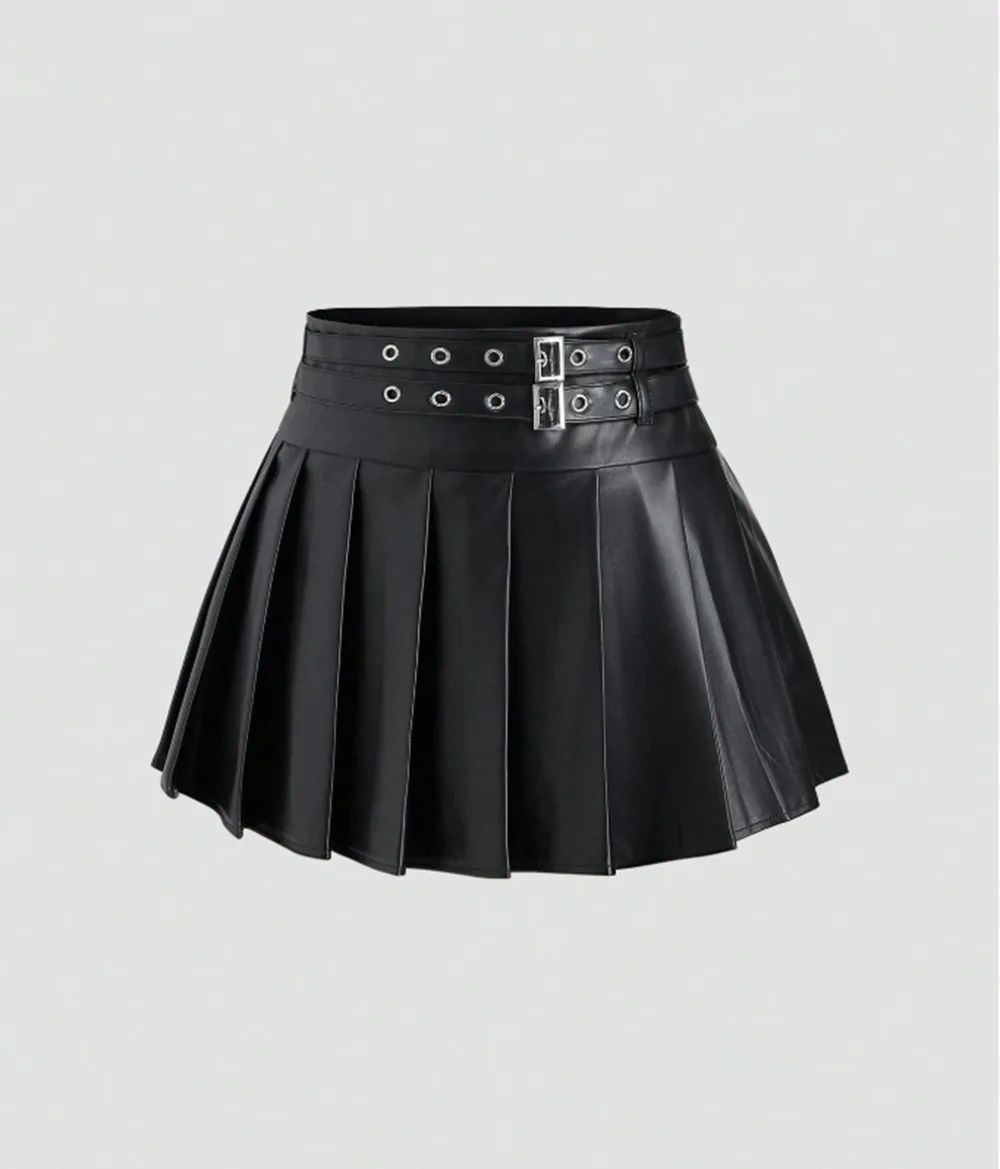 2026 New Women's Black Pu Leather Skirt High-waisted A-shaped Pleated Skirt