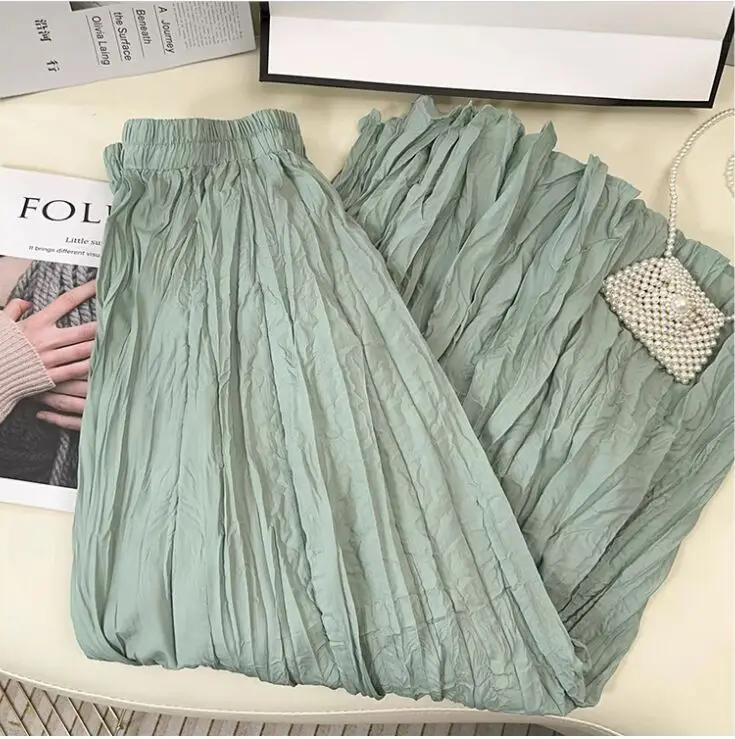 Spring Summer Elastic Waist Skirts Women Wrinkled Soft Solid A Line Long Skirt With Linning