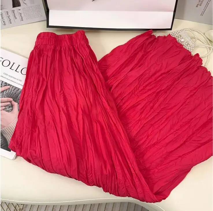 Spring Summer Elastic Waist Skirts Women Wrinkled Soft Solid A Line Long Skirt With Linning
