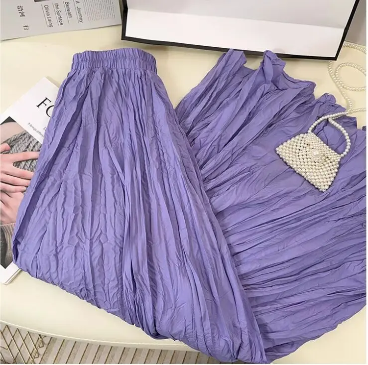 Spring Summer Elastic Waist Skirts Women Wrinkled Soft Solid A Line Long Skirt With Linning