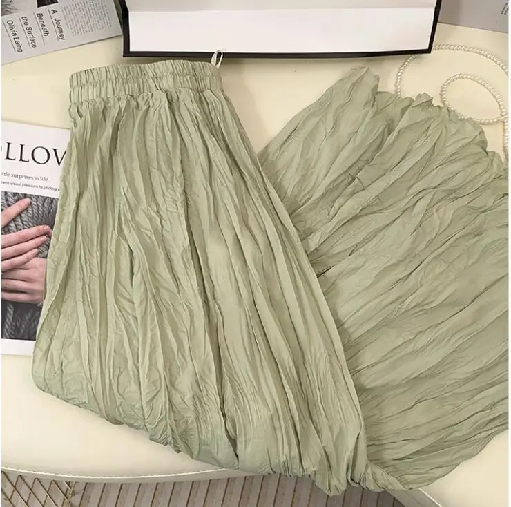 Spring Summer Elastic Waist Skirts Women Wrinkled Soft Solid A Line Long Skirt With Linning