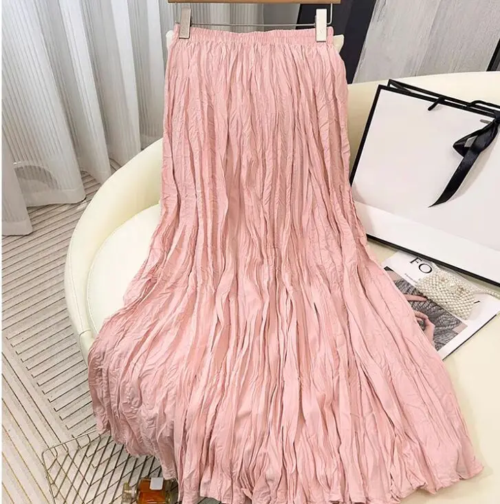 Spring Summer Elastic Waist Skirts Women Wrinkled Soft Solid A Line Long Skirt With Linning
