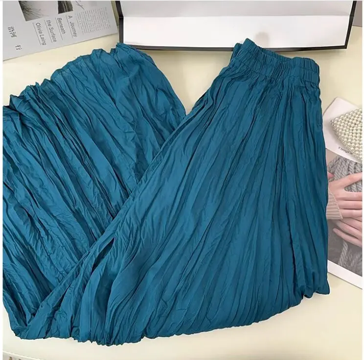 Spring Summer Elastic Waist Skirts Women Wrinkled Soft Solid A Line Long Skirt With Linning