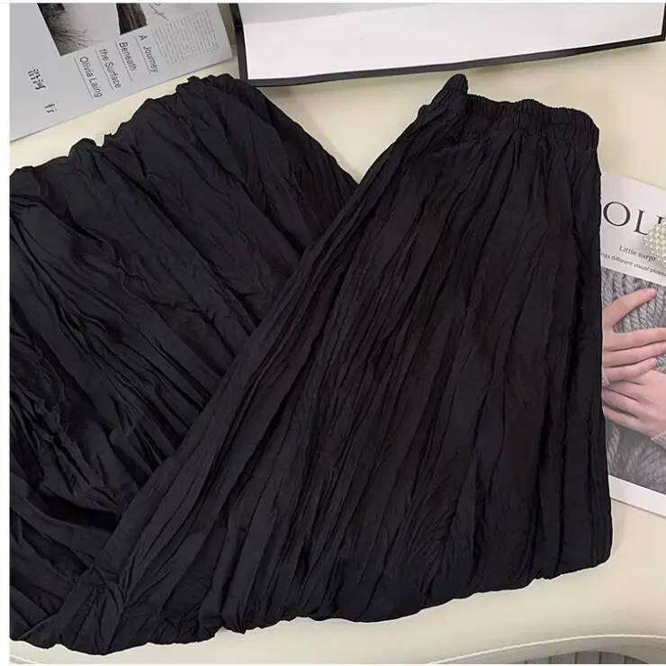 Spring Summer Elastic Waist Skirts Women Wrinkled Soft Solid A Line Long Skirt With Linning