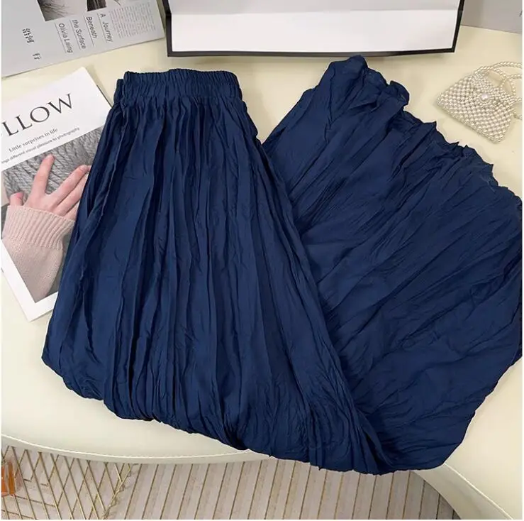 Spring Summer Elastic Waist Skirts Women Wrinkled Soft Solid A Line Long Skirt With Linning