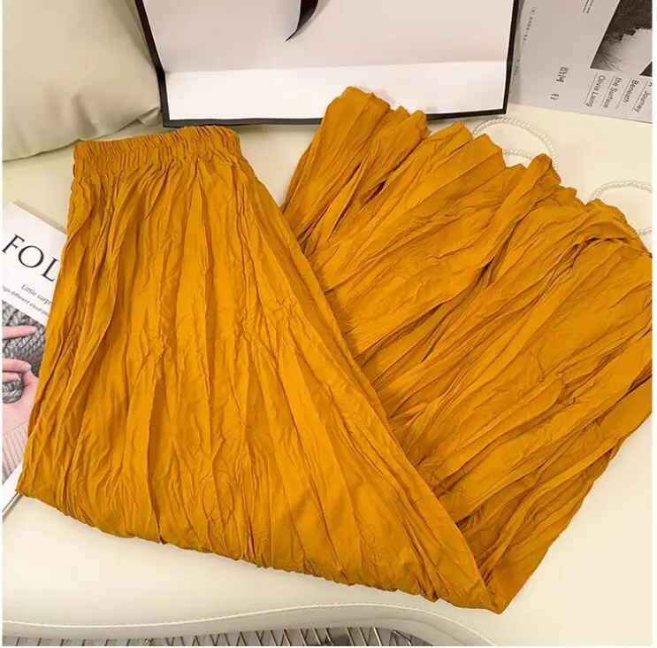 Spring Summer Elastic Waist Skirts Women Wrinkled Soft Solid A Line Long Skirt With Linning