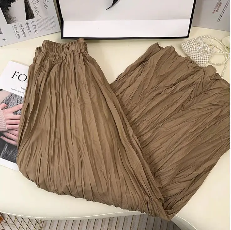 Spring Summer Elastic Waist Skirts Women Wrinkled Soft Solid A Line Long Skirt With Linning