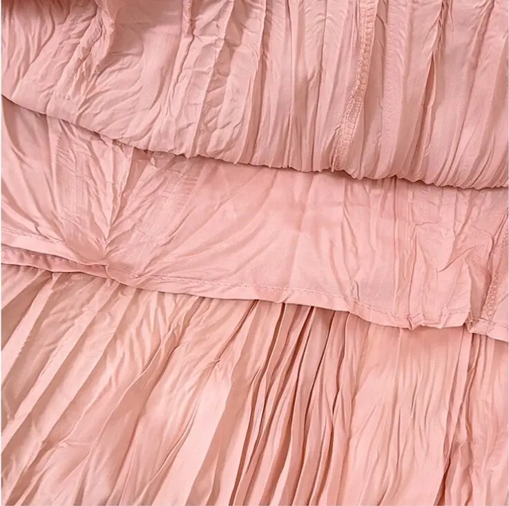 Spring Summer Elastic Waist Skirts Women Wrinkled Soft Solid A Line Long Skirt With Linning
