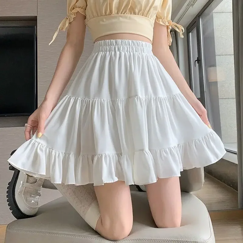 Summer New White Chiffon Skirt High Waist A-line Thin Ruffled Pleated Half-body Skirt Korean Fashion Streetwear Skirts for Women