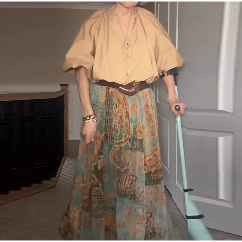 Women Vintage Paisley Print High Waist Maxi Skirt Elastic Waist Boho Retro Style Casual Streetwear Fashion Trendy New Arrival