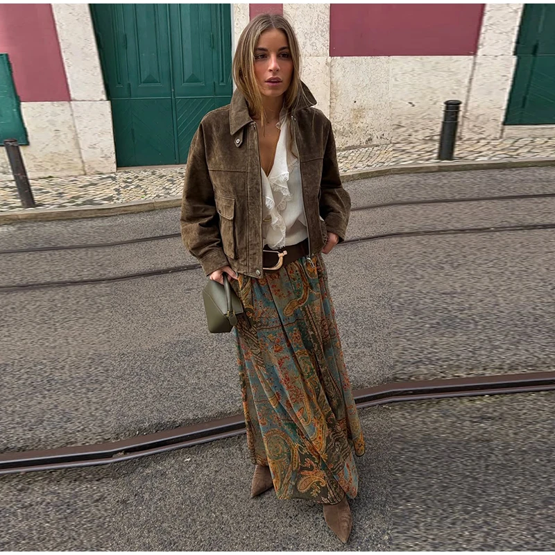 Women Vintage Paisley Print High Waist Maxi Skirt Elastic Waist Boho Retro Style Casual Streetwear Fashion Trendy New Arrival