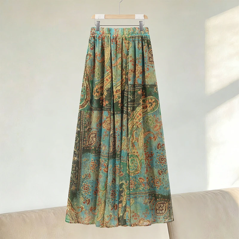 Women Vintage Paisley Print High Waist Maxi Skirt Elastic Waist Boho Retro Style Casual Streetwear Fashion Trendy New Arrival