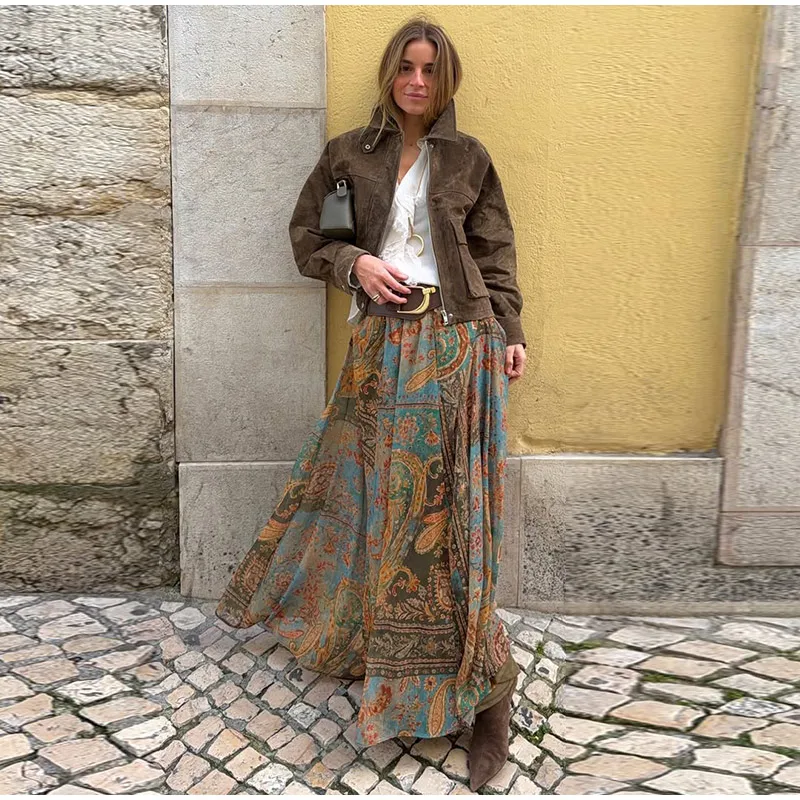 Women Vintage Paisley Print High Waist Maxi Skirt Elastic Waist Boho Retro Style Casual Streetwear Fashion Trendy New Arrival