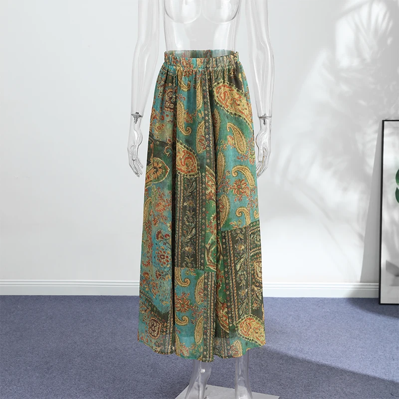 Women Vintage Paisley Print High Waist Maxi Skirt Elastic Waist Boho Retro Style Casual Streetwear Fashion Trendy New Arrival