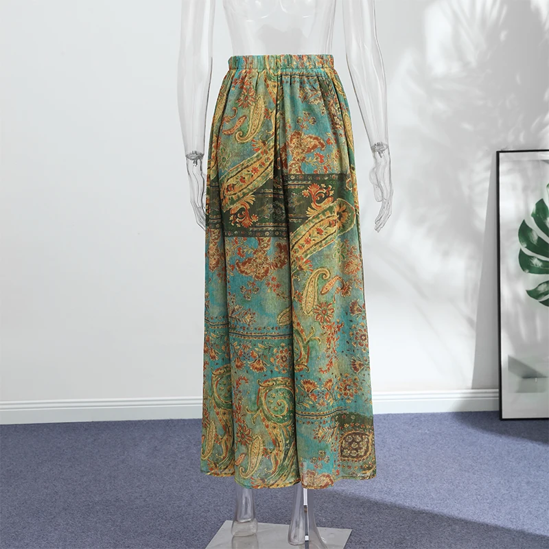 Women Vintage Paisley Print High Waist Maxi Skirt Elastic Waist Boho Retro Style Casual Streetwear Fashion Trendy New Arrival