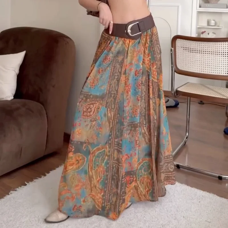 Women Vintage Paisley Print High Waist Maxi Skirt Elastic Waist Boho Retro Style Casual Streetwear Fashion Trendy New Arrival