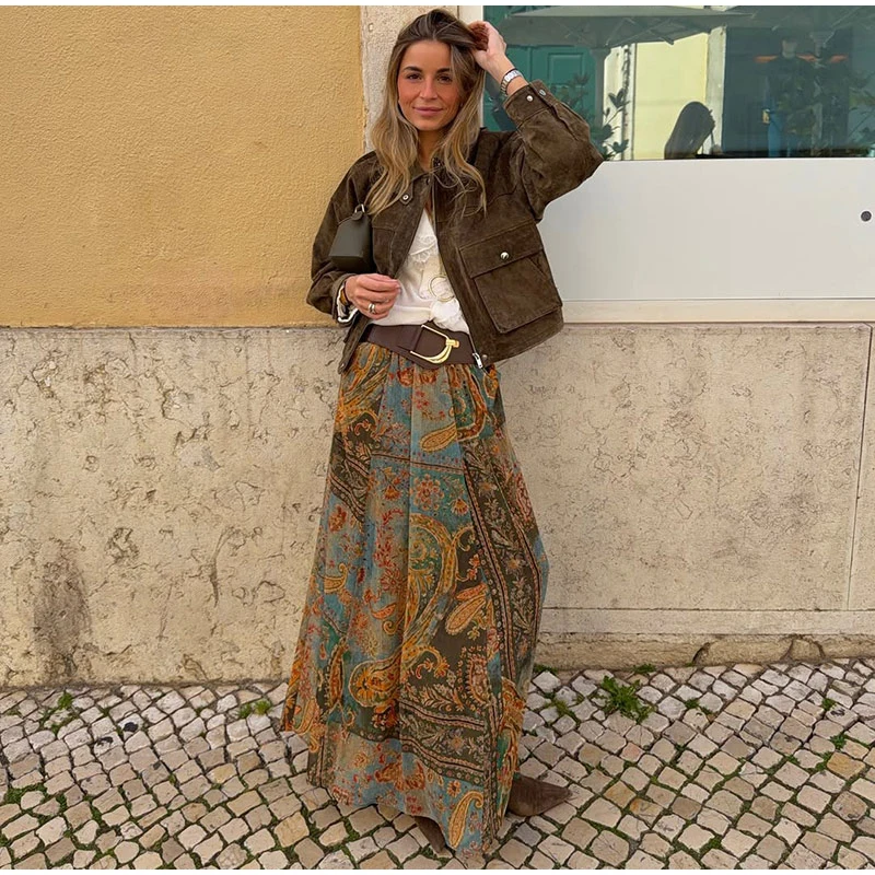 Women Vintage Paisley Print High Waist Maxi Skirt Elastic Waist Boho Retro Style Casual Streetwear Fashion Trendy New Arrival
