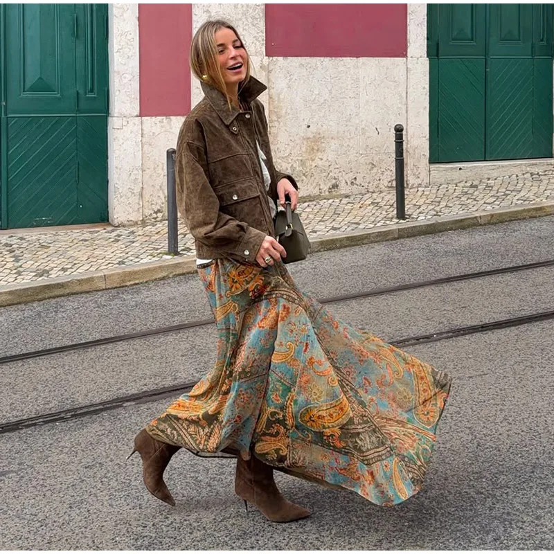 Women Vintage Paisley Print High Waist Maxi Skirt Elastic Waist Boho Retro Style Casual Streetwear Fashion Trendy New Arrival