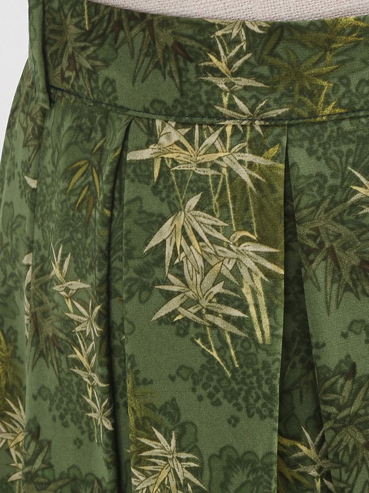 Tonval Green Botanical Print Pleated Skirts for Women 2024 Belted Knee Length Vintage Style 50s Skirt