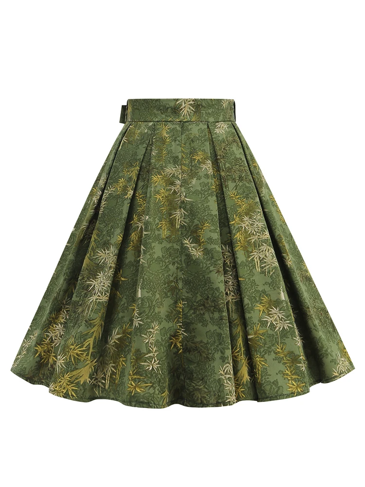 Tonval Green Botanical Print Pleated Skirts for Women 2024 Belted Knee Length Vintage Style 50s Skirt