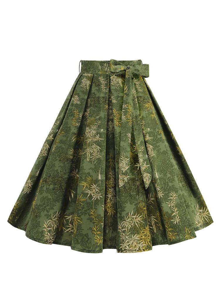 Tonval Green Botanical Print Pleated Skirts for Women 2024 Belted Knee Length Vintage Style 50s Skirt