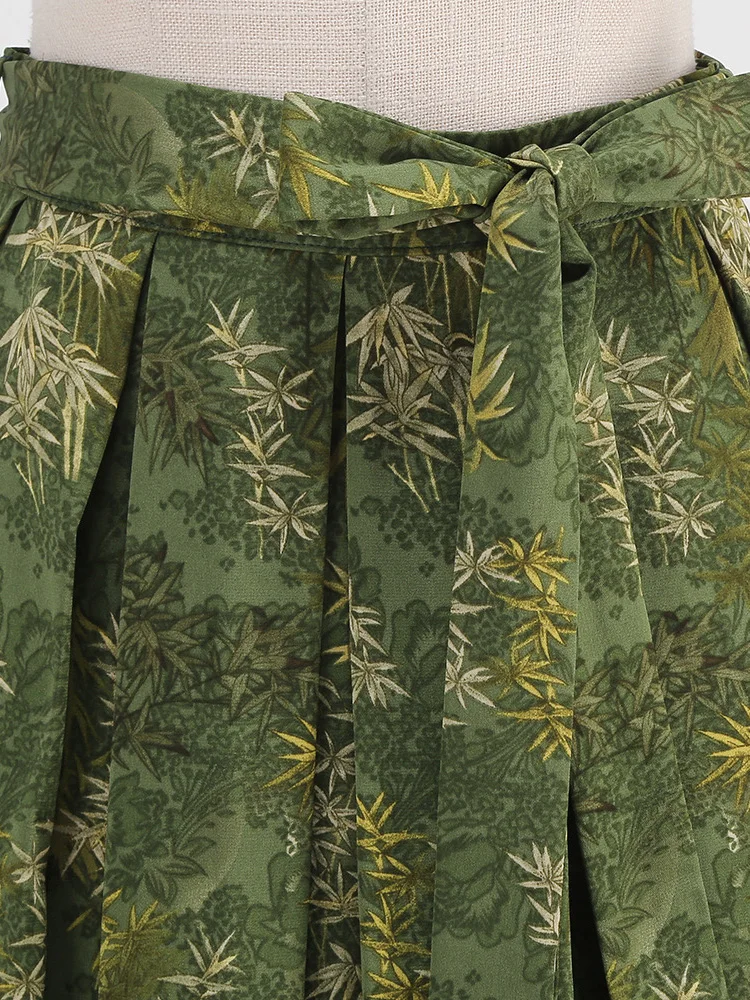 Tonval Green Botanical Print Pleated Skirts for Women 2024 Belted Knee Length Vintage Style 50s Skirt