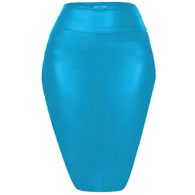 Women's Shiny Metallic Pencil Midi Skirt, Stretchy Coated Spandex, Office Ladies, Gothic Sheath, High Street, Elegant