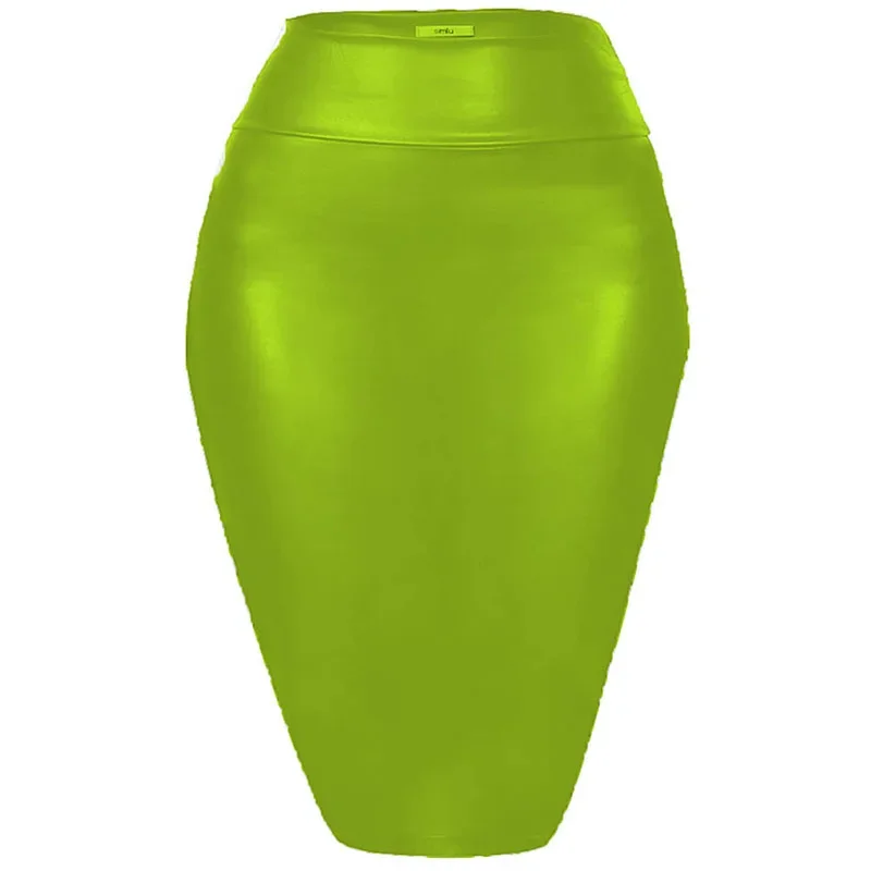 Women's Shiny Metallic Pencil Midi Skirt, Stretchy Coated Spandex, Office Ladies, Gothic Sheath, High Street, Elegant