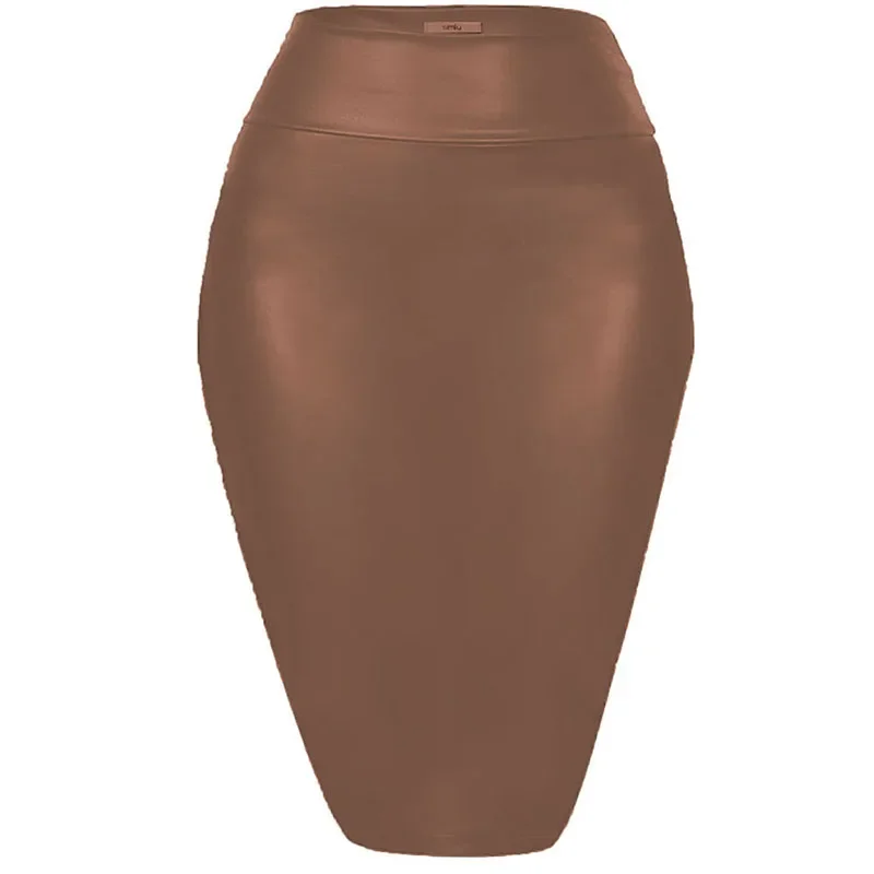 Women's Shiny Metallic Pencil Midi Skirt, Stretchy Coated Spandex, Office Ladies, Gothic Sheath, High Street, Elegant