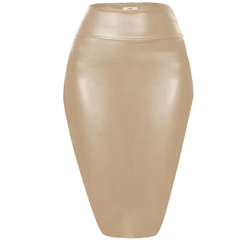 Women's Shiny Metallic Pencil Midi Skirt, Stretchy Coated Spandex, Office Ladies, Gothic Sheath, High Street, Elegant