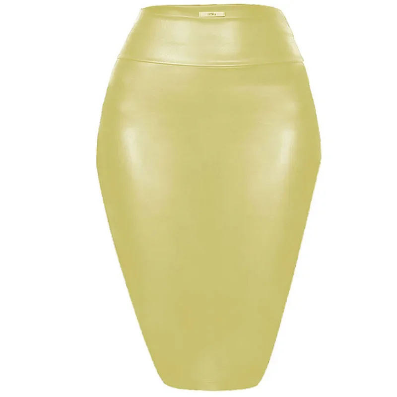 Women's Shiny Metallic Pencil Midi Skirt, Stretchy Coated Spandex, Office Ladies, Gothic Sheath, High Street, Elegant