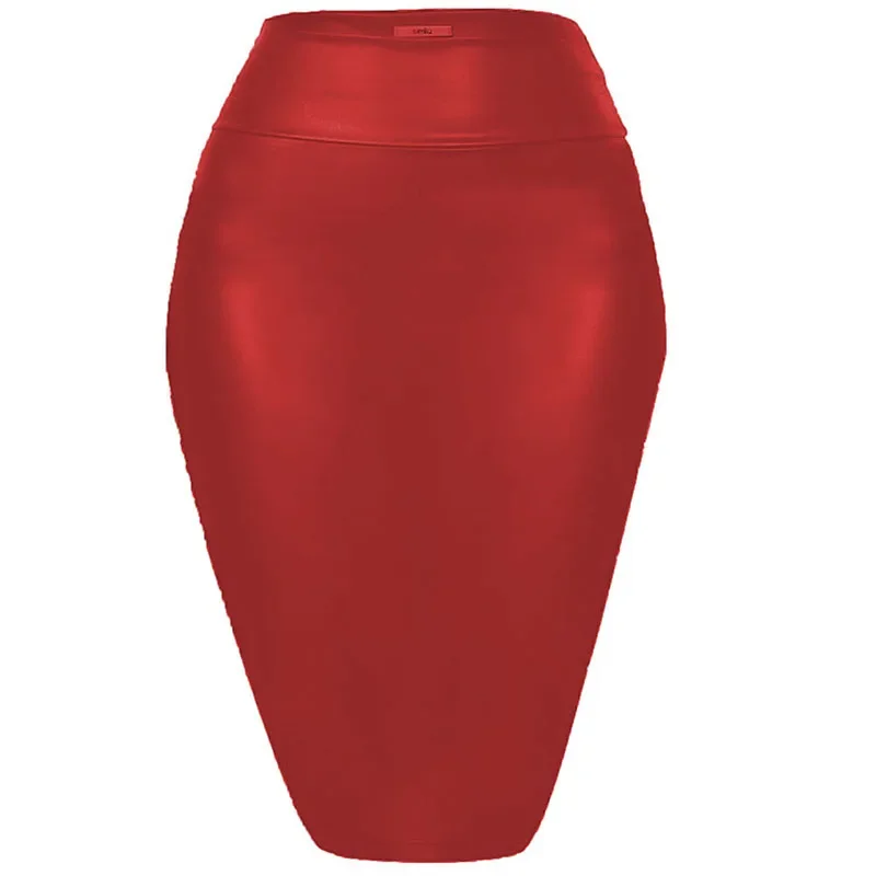 Women's Shiny Metallic Pencil Midi Skirt, Stretchy Coated Spandex, Office Ladies, Gothic Sheath, High Street, Elegant