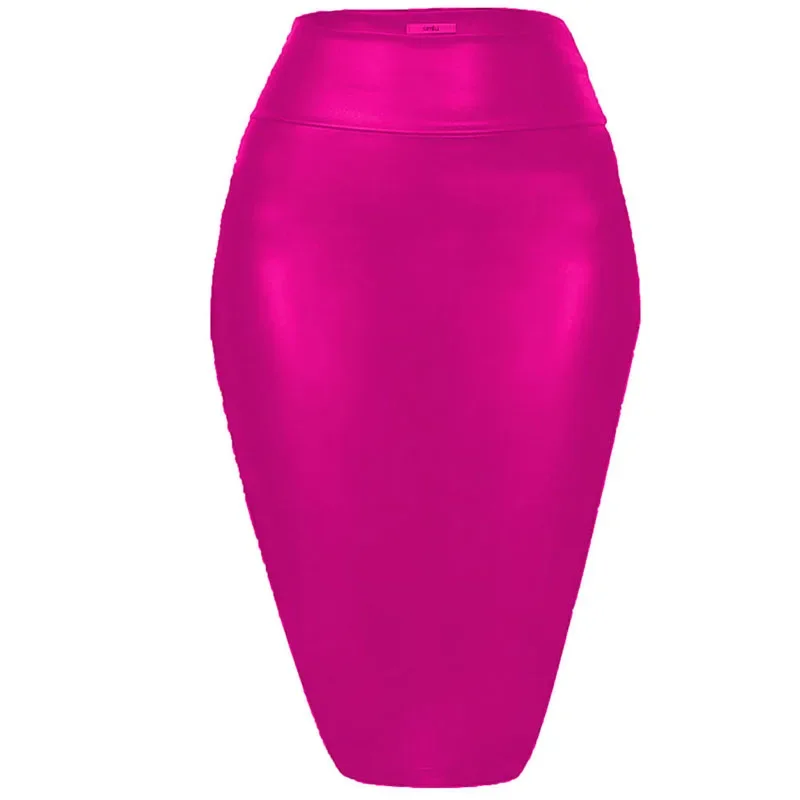 Women's Shiny Metallic Pencil Midi Skirt, Stretchy Coated Spandex, Office Ladies, Gothic Sheath, High Street, Elegant