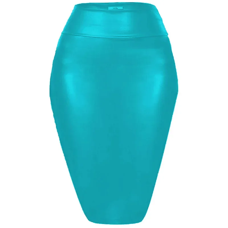 Women's Shiny Metallic Pencil Midi Skirt, Stretchy Coated Spandex, Office Ladies, Gothic Sheath, High Street, Elegant